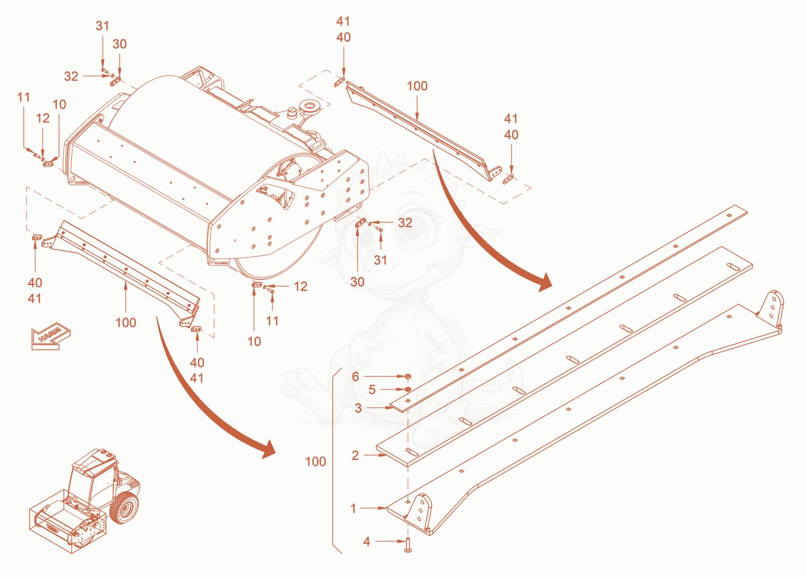 Exploded parts diagram of the Scraper (Smooth Roller Drum) of a Wacker Neuson RC70VOUS, with numbered balloons