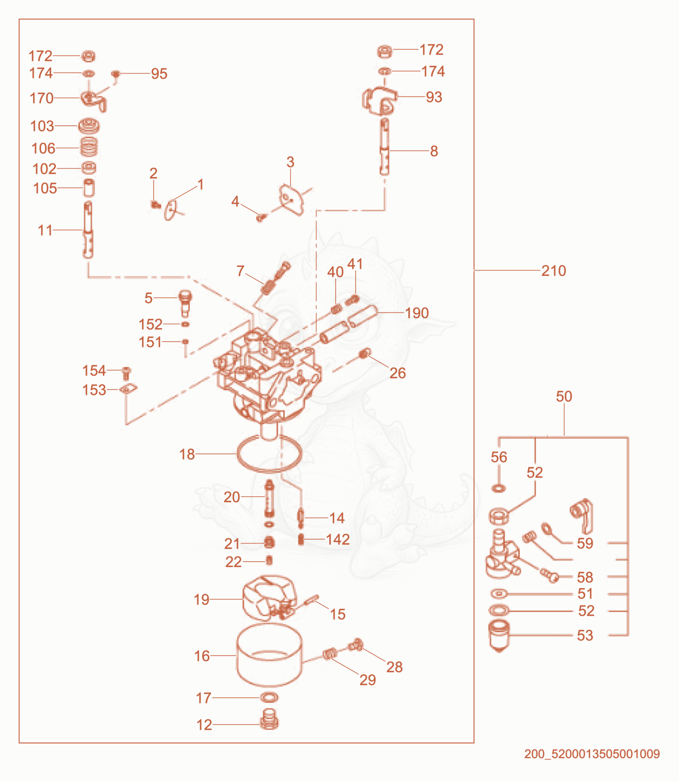 Exploded parts diagram of the Carburetor cpl. of a Wacker Neuson MS54, with numbered balloons