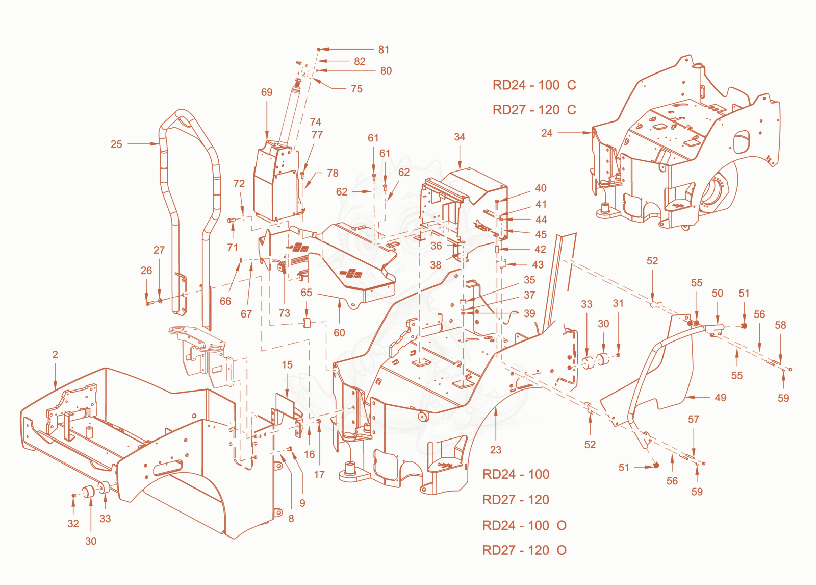 Exploded parts diagram of the main frame and assemblies of a Wacker Neuson RD28-120C, with numbered balloons