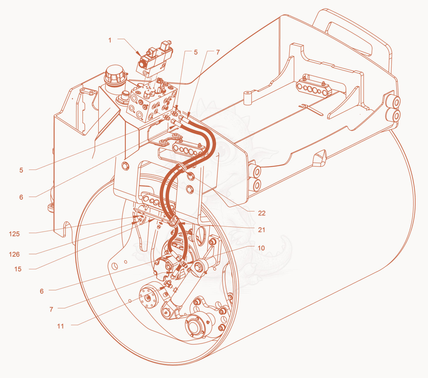 Exploded parts diagram of the hydraulic system (edge pressing and cutting device) of a Wacker Neuson RD45-140O.3, with numbered balloons