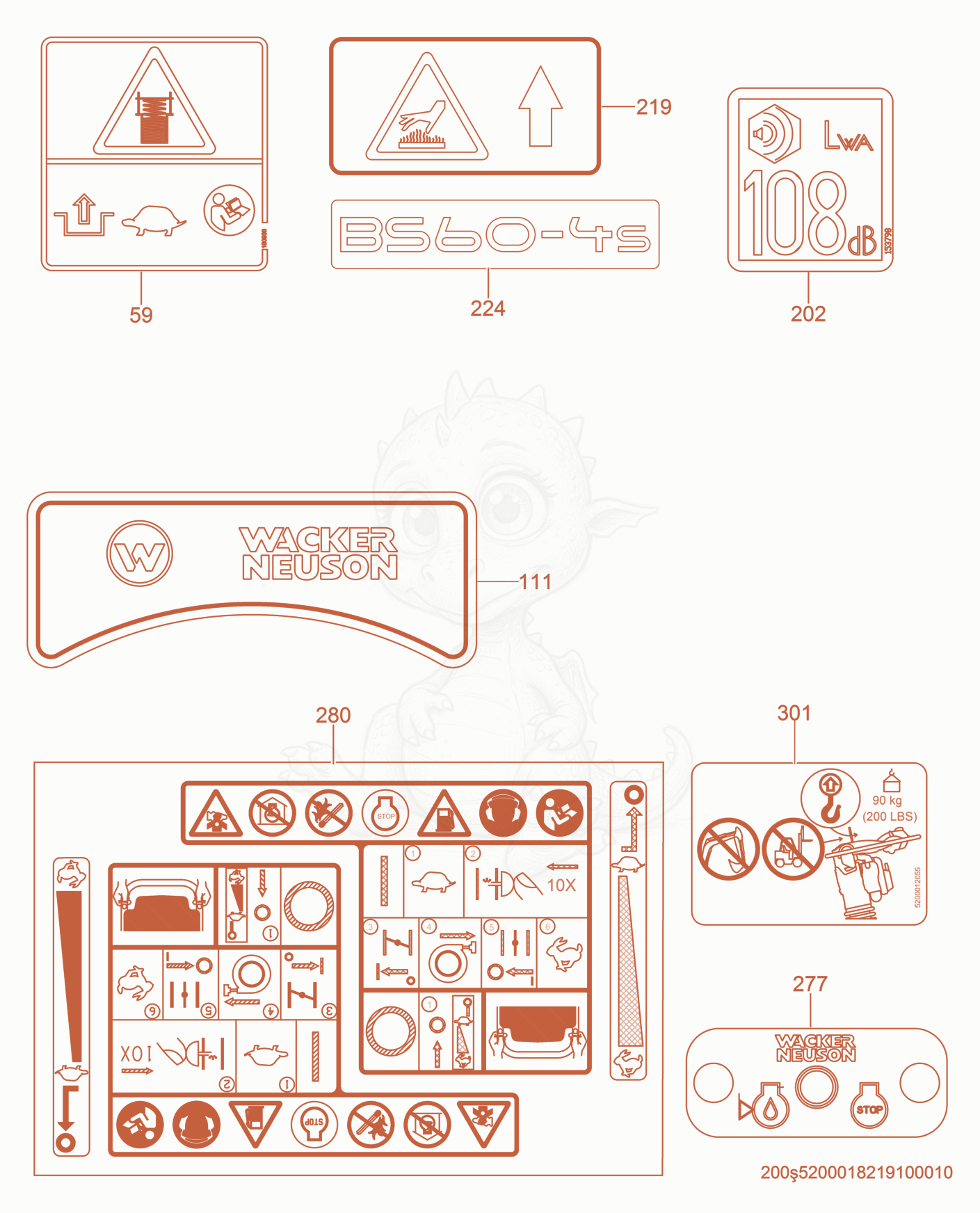 Exploded parts diagram of the Labels of a Wacker Neuson BS50-4AS, with numbered balloons