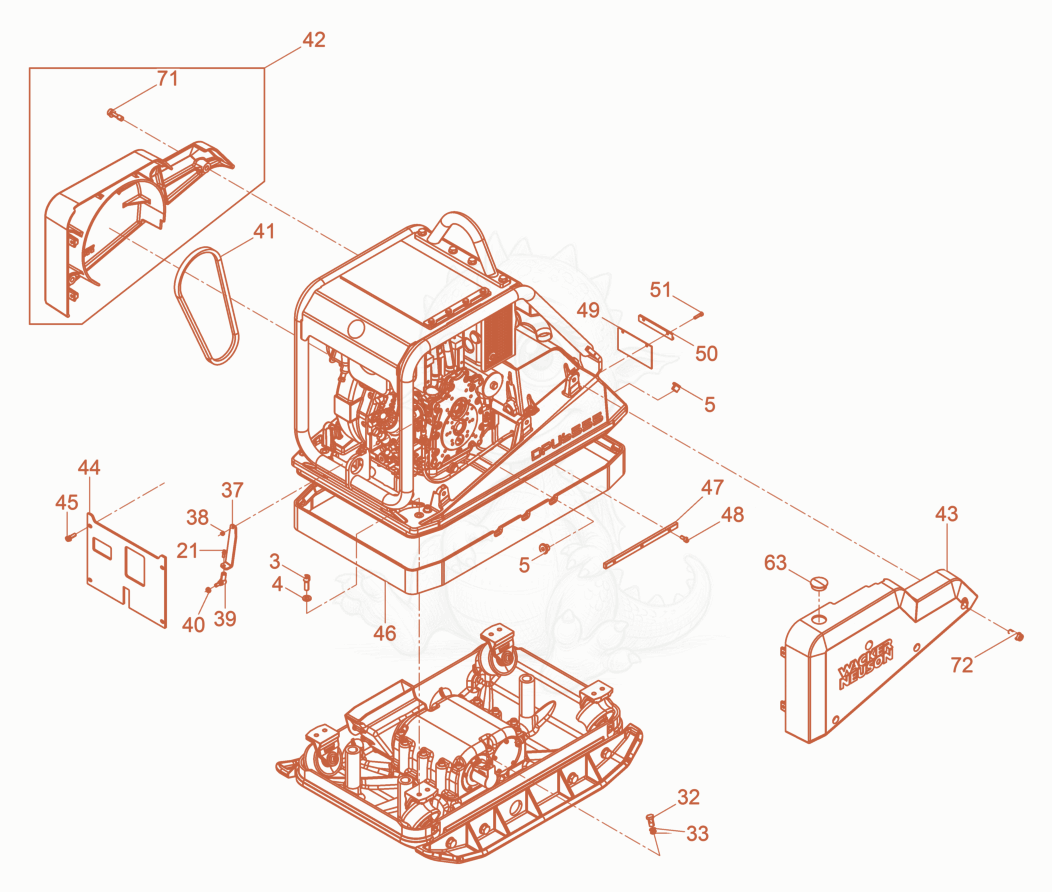 Exploded parts diagram of the Vibration Plate of a Wacker Neuson DPU6555HE, with numbered balloons