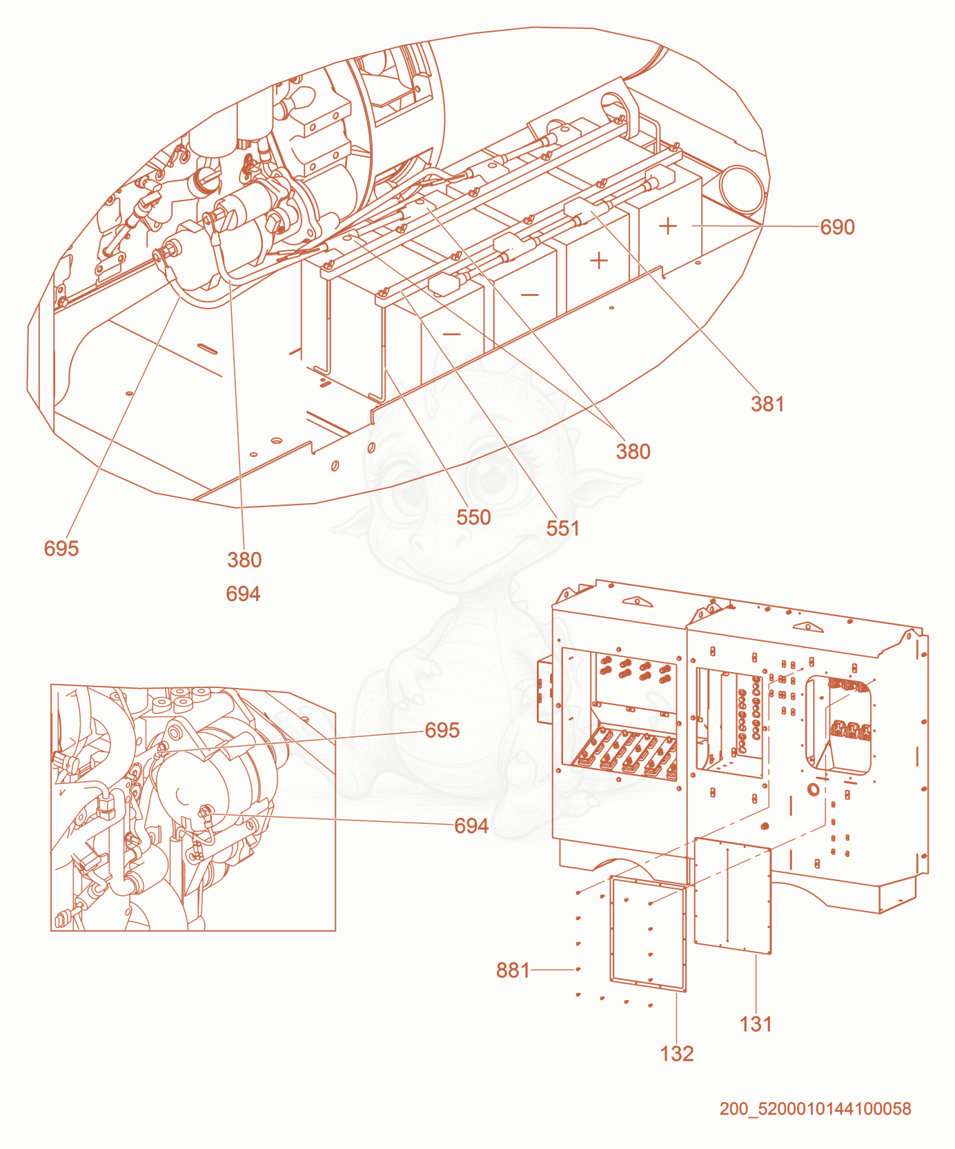 Exploded parts diagram of the Battery of a Wacker Neuson G320, with numbered balloons