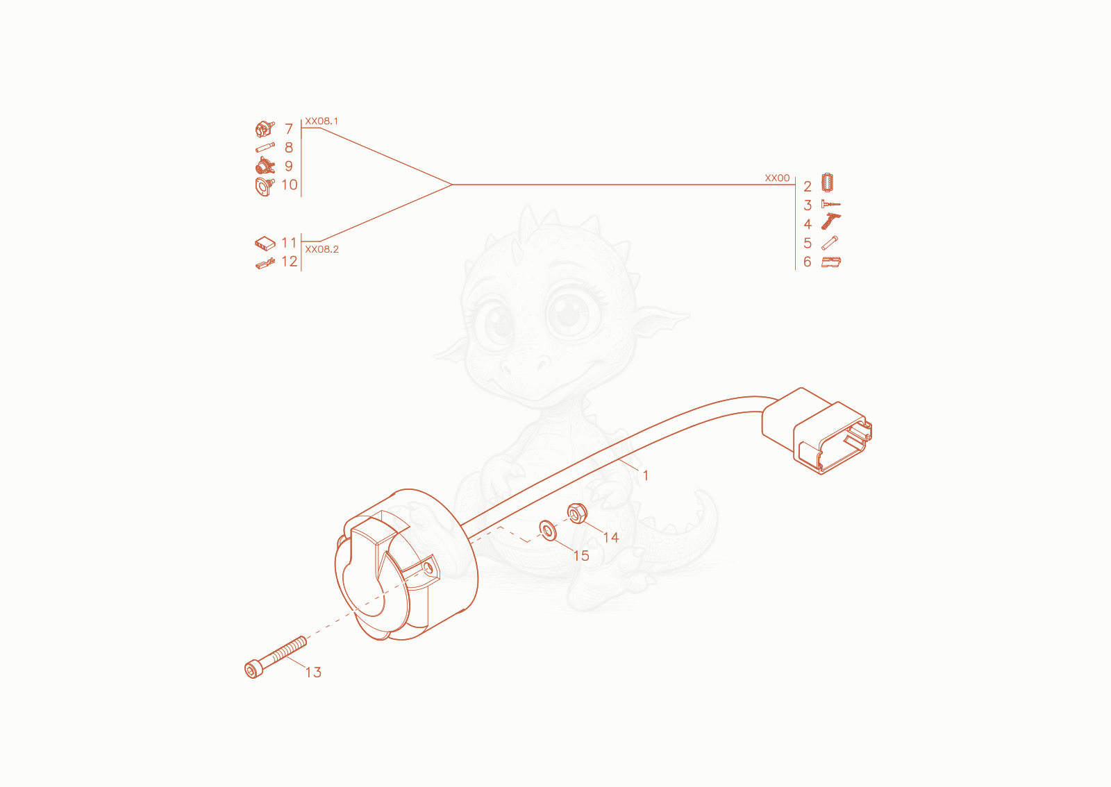 Exploded parts diagram of the trailer socket of a Wacker Neuson DV100-2, with numbered balloons