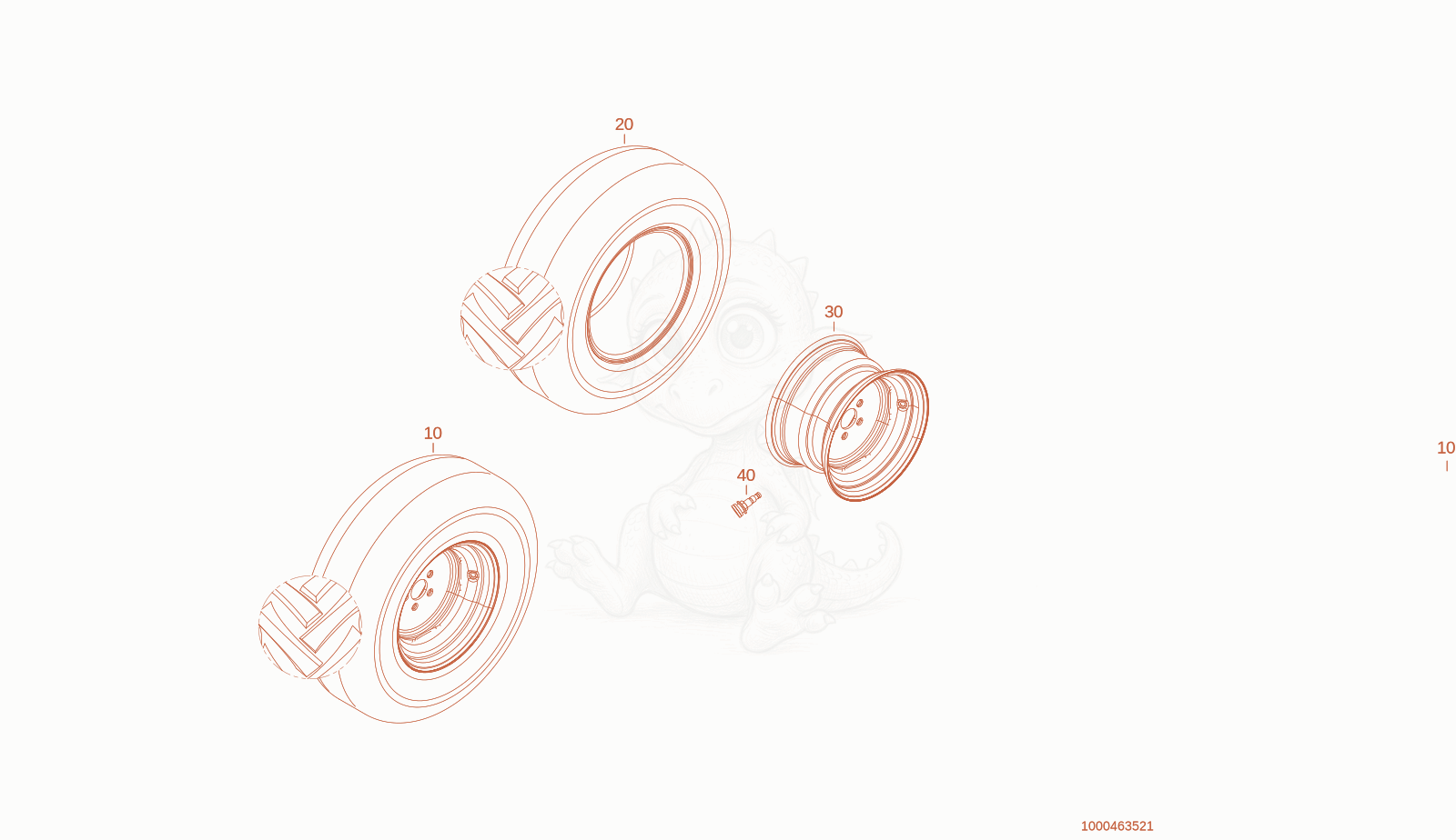 Exploded parts diagram of the wheel 27X10.0-15 ET 0 of a Wacker Neuson WL250(A02-01), with numbered balloons