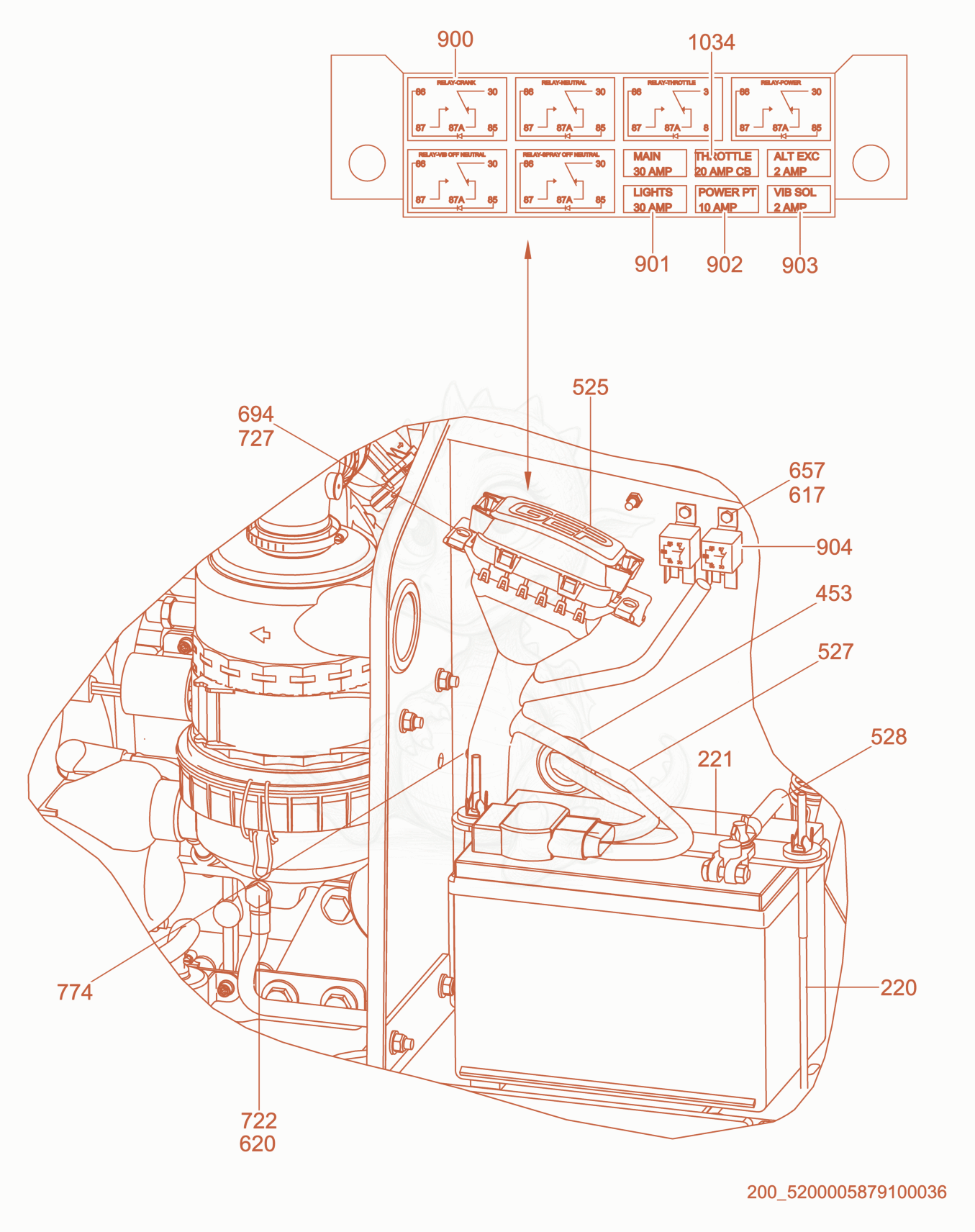 Exploded parts diagram of the Wiring Harness/Battery of a Wacker Neuson RD27-120, with numbered balloons
