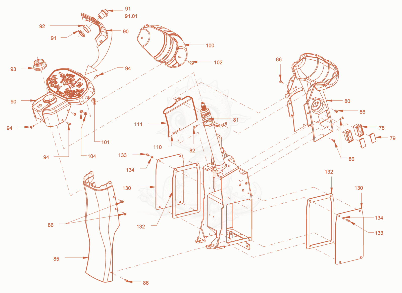 Exploded parts diagram of the canopies and covers of a Wacker Neuson RD45-140.3, with numbered balloons