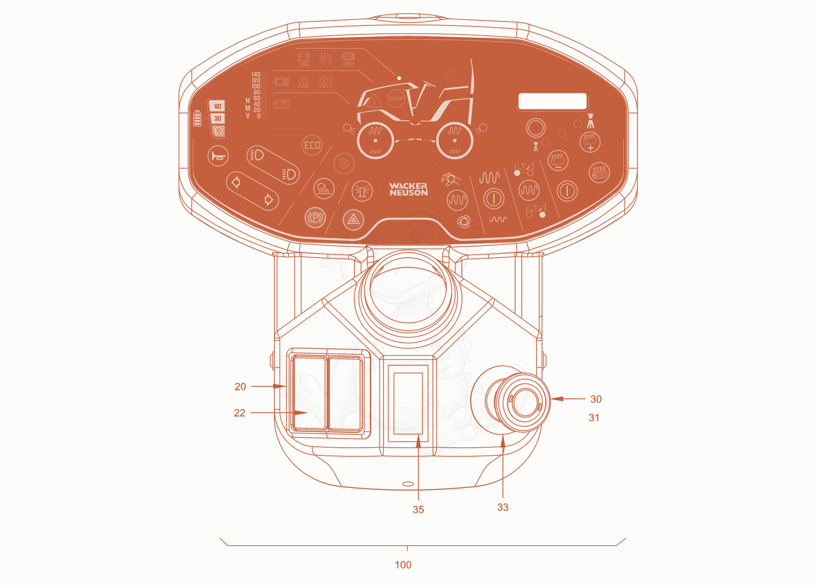 Exploded parts diagram of the instrument panel of a Wacker Neuson RD24-100E, with numbered balloons