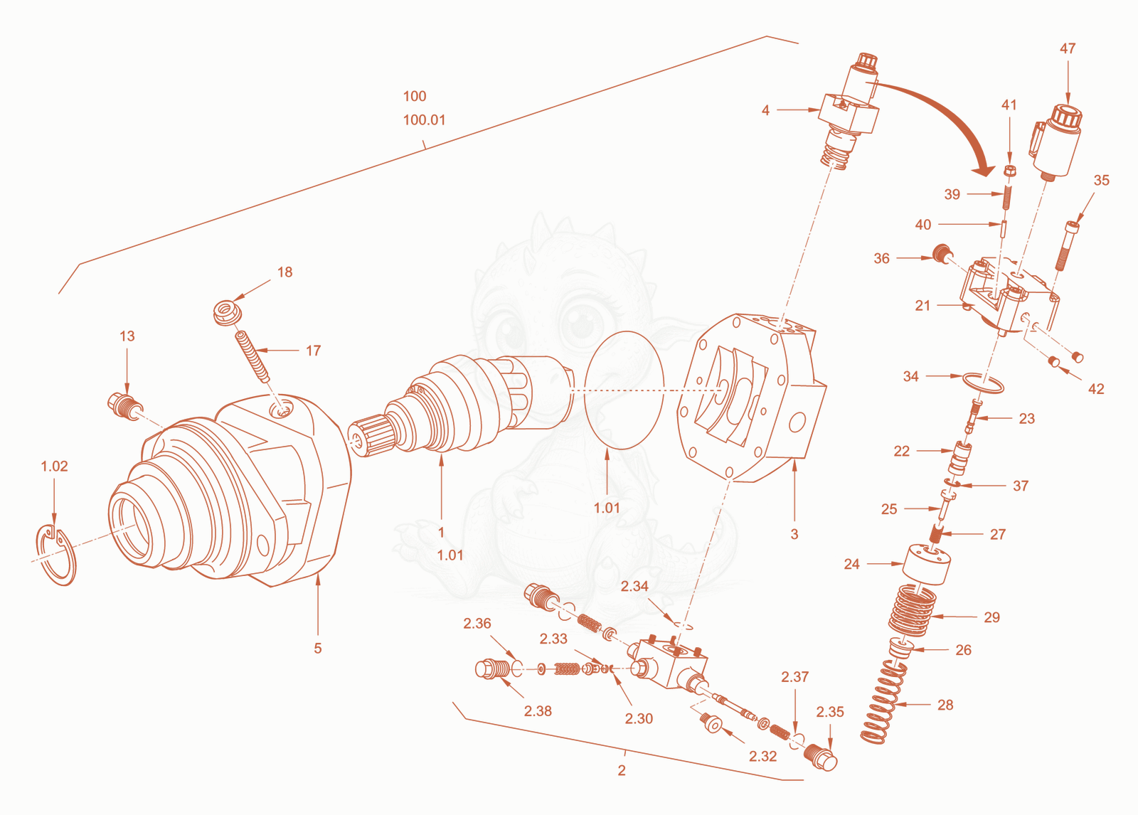 Exploded parts diagram of the variable displacement motor of a Wacker Neuson RC110PROPS, with numbered balloons