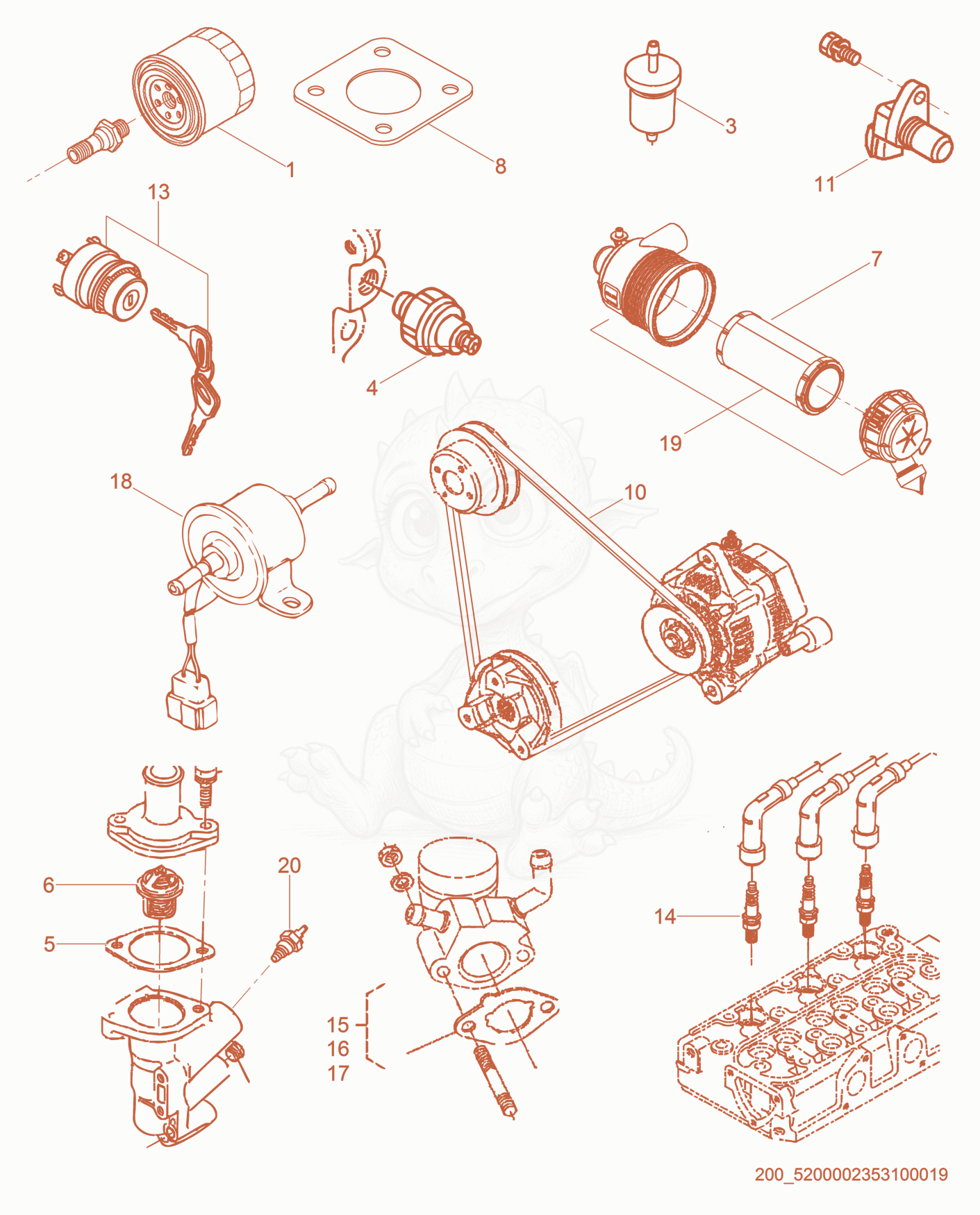 Exploded parts diagram of the Engine Service Parts of a Wacker Neuson CRT48-33K, with numbered balloons
