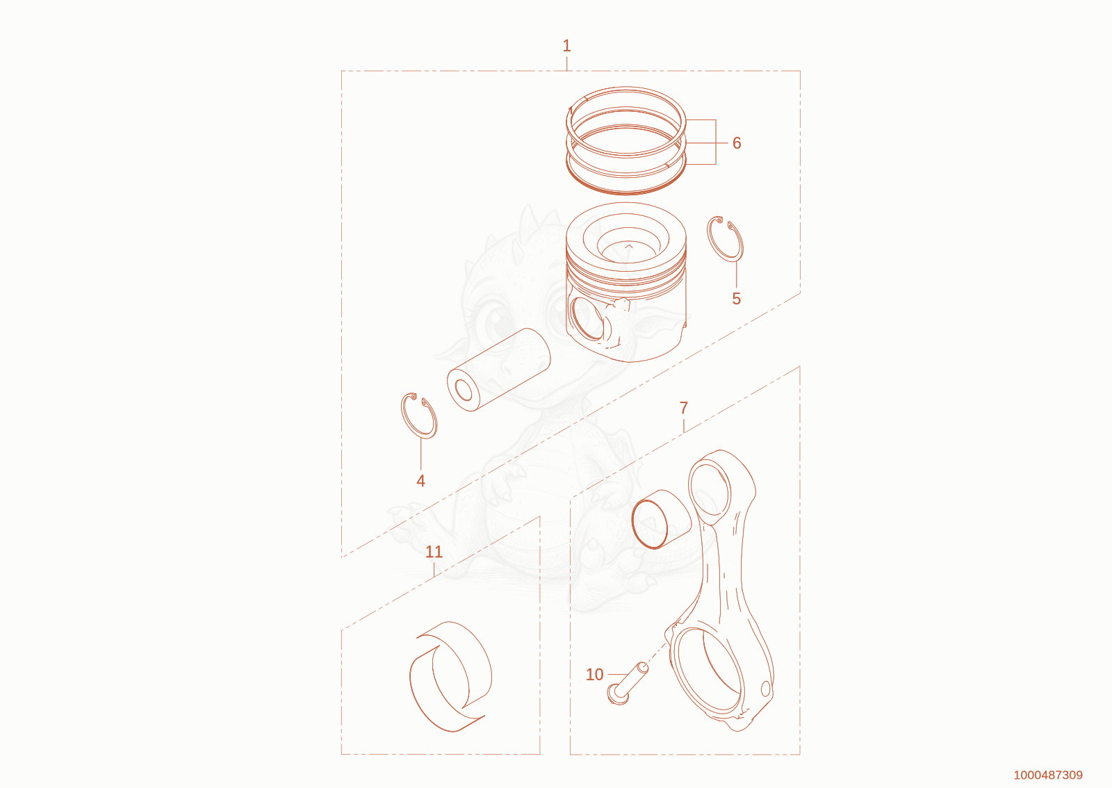 Despiece del connecting rod de una máquina Wacker Neuson EW100-2, con globos numerados