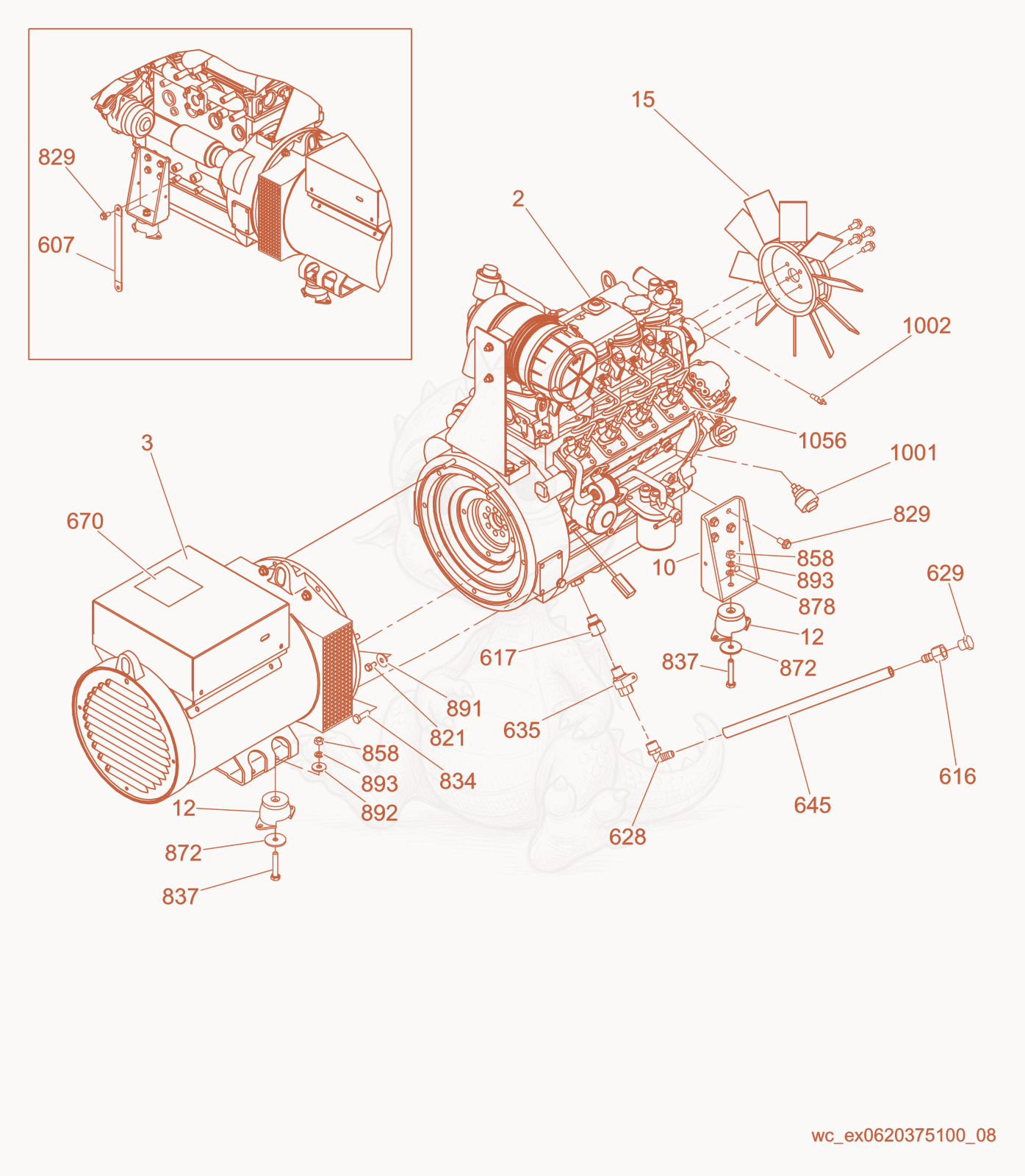 Exploded parts diagram of the Generator/Engine of a Wacker Neuson LTW20Z1, with numbered balloons