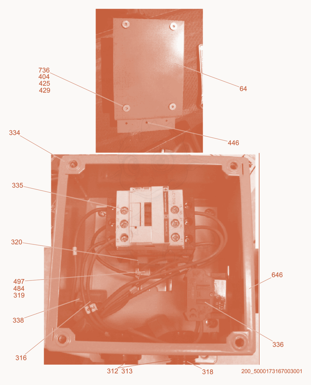 Despiece del E-Stop Box cpl. de una máquina Wacker Neuson HSH700G, con globos numerados