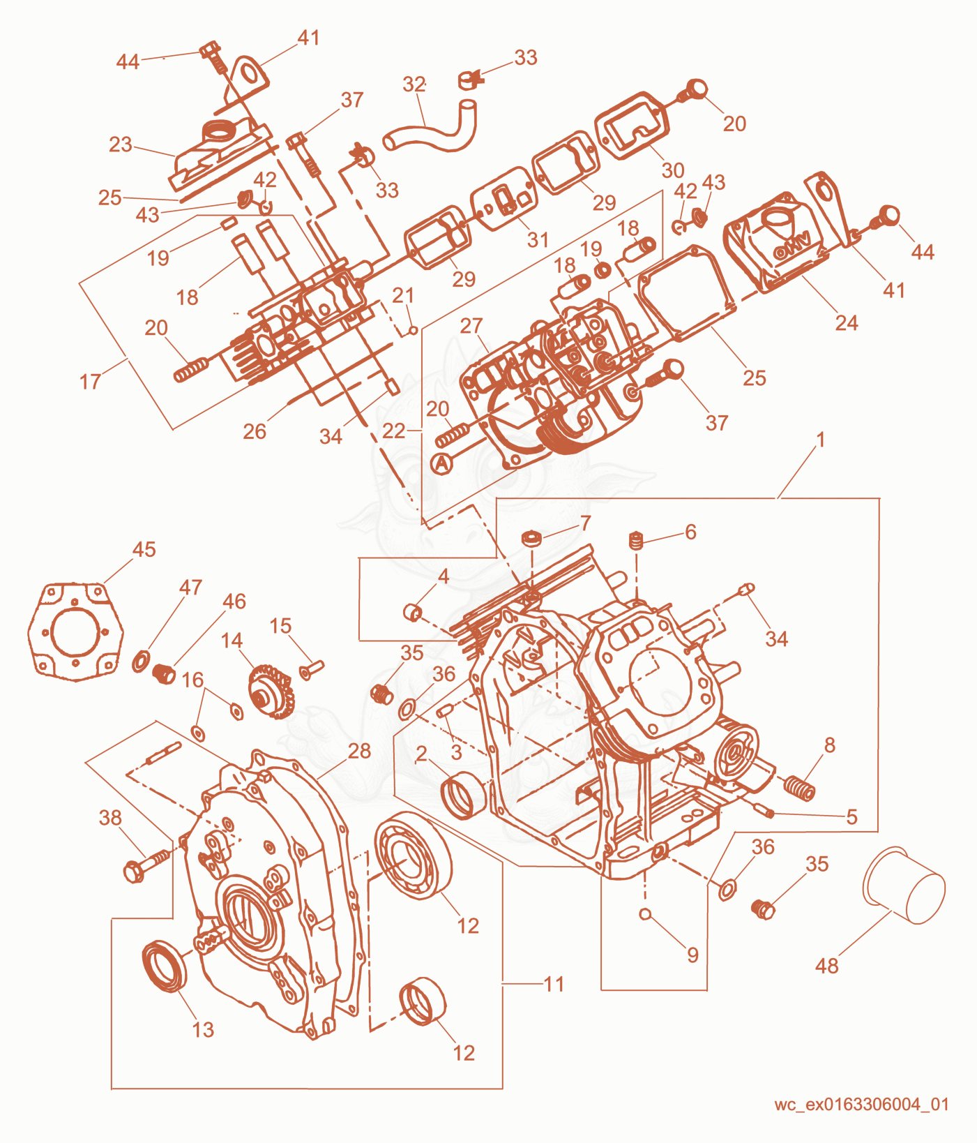 Exploded parts diagram of the Crankcase of a Wacker Neuson RD12-90, with numbered balloons