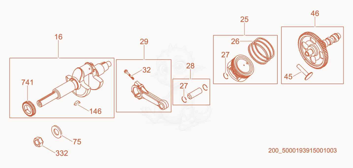 Exploded parts diagram of the Crankshaft/Piston of a Wacker Neuson CRT48-35VEU, with numbered balloons