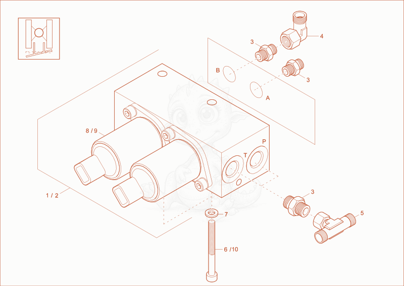 Despiece del proportional valve (option) de una máquina Wacker Neuson EZ36, con globos numerados