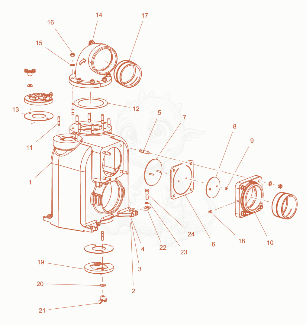 Exploded parts diagram of the Pump Housing of a Wacker Neuson PT6YT-IN, with numbered balloons