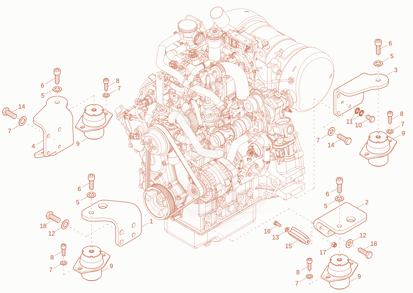 Exploded parts diagram of the ENGINE BEDDING of a Wacker Neuson DW40-2, with numbered balloons