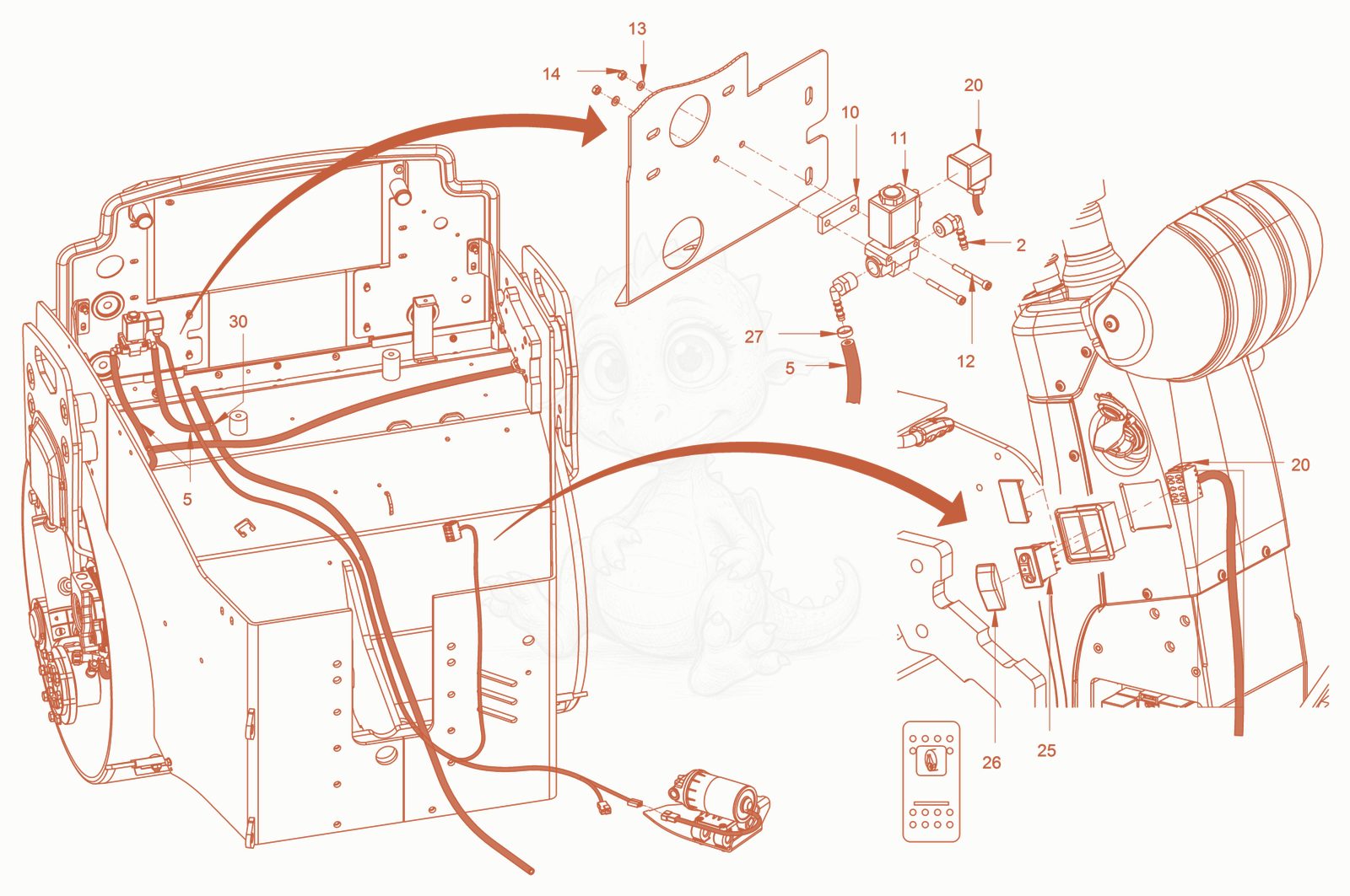 Exploded parts diagram of the electrical system(edge pressing andcutting device) of a Wacker Neuson RD24-100C, with numbered balloons
