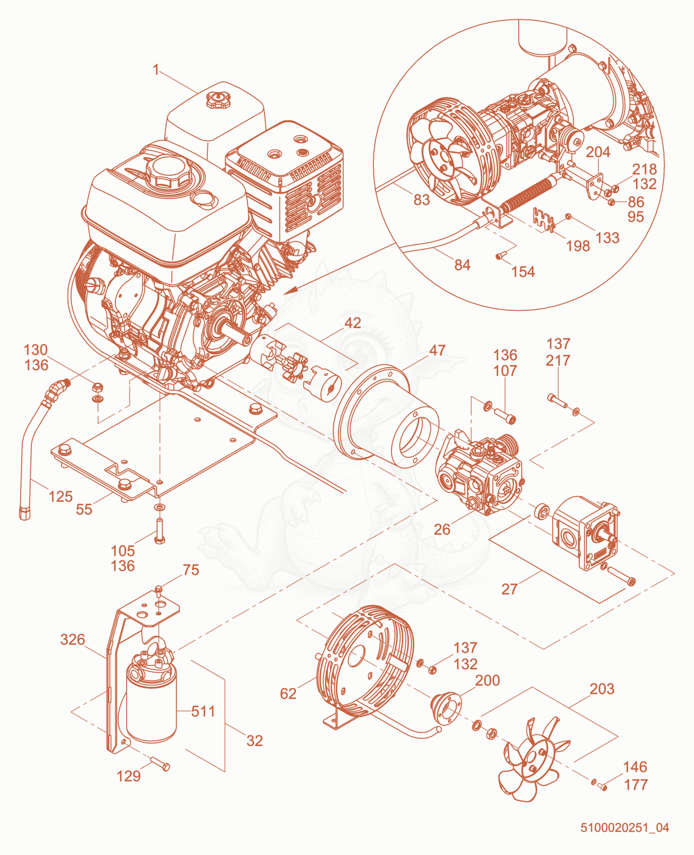 Despiece del Engine Compartment de una máquina Wacker Neuson RD7A, con globos numerados