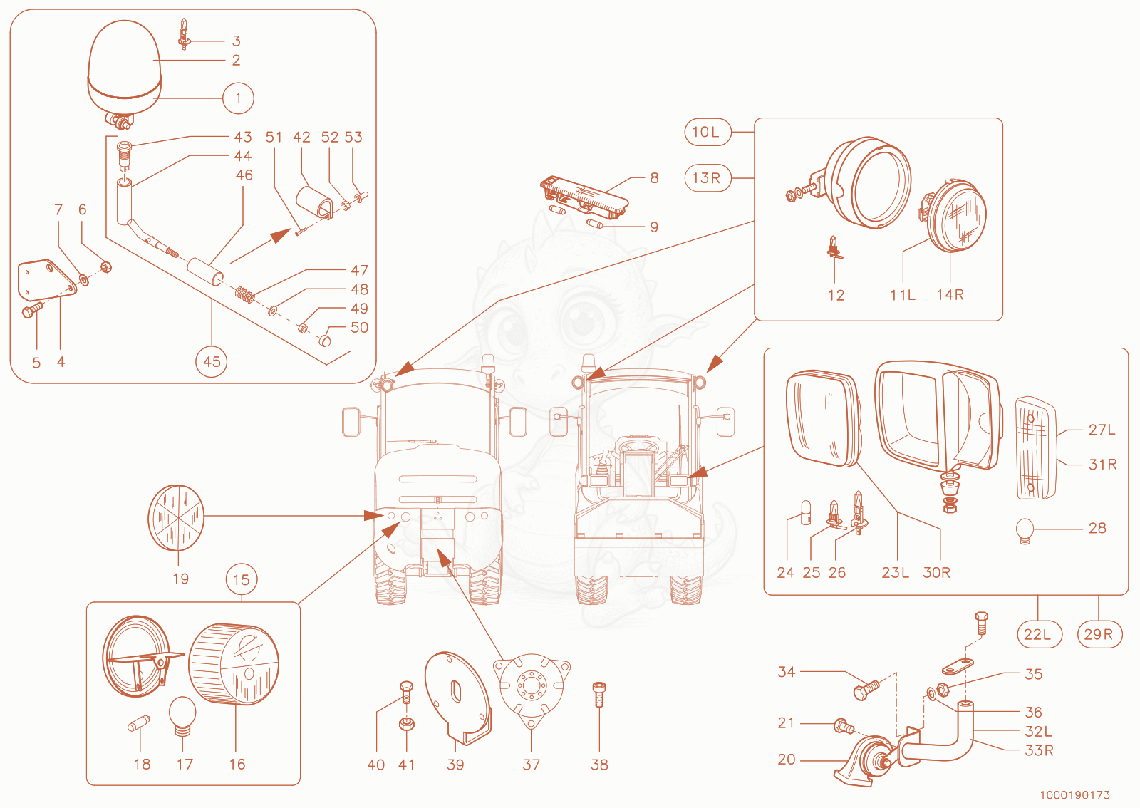 Exploded parts diagram of the lighting of a Wacker Neuson 280, with numbered balloons