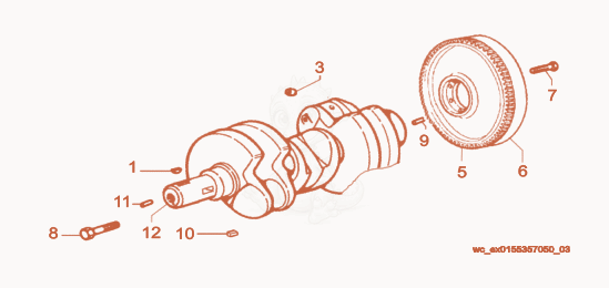 Exploded parts diagram of the Crankshaft/Flywheel of a Wacker Neuson LTC4L, with numbered balloons