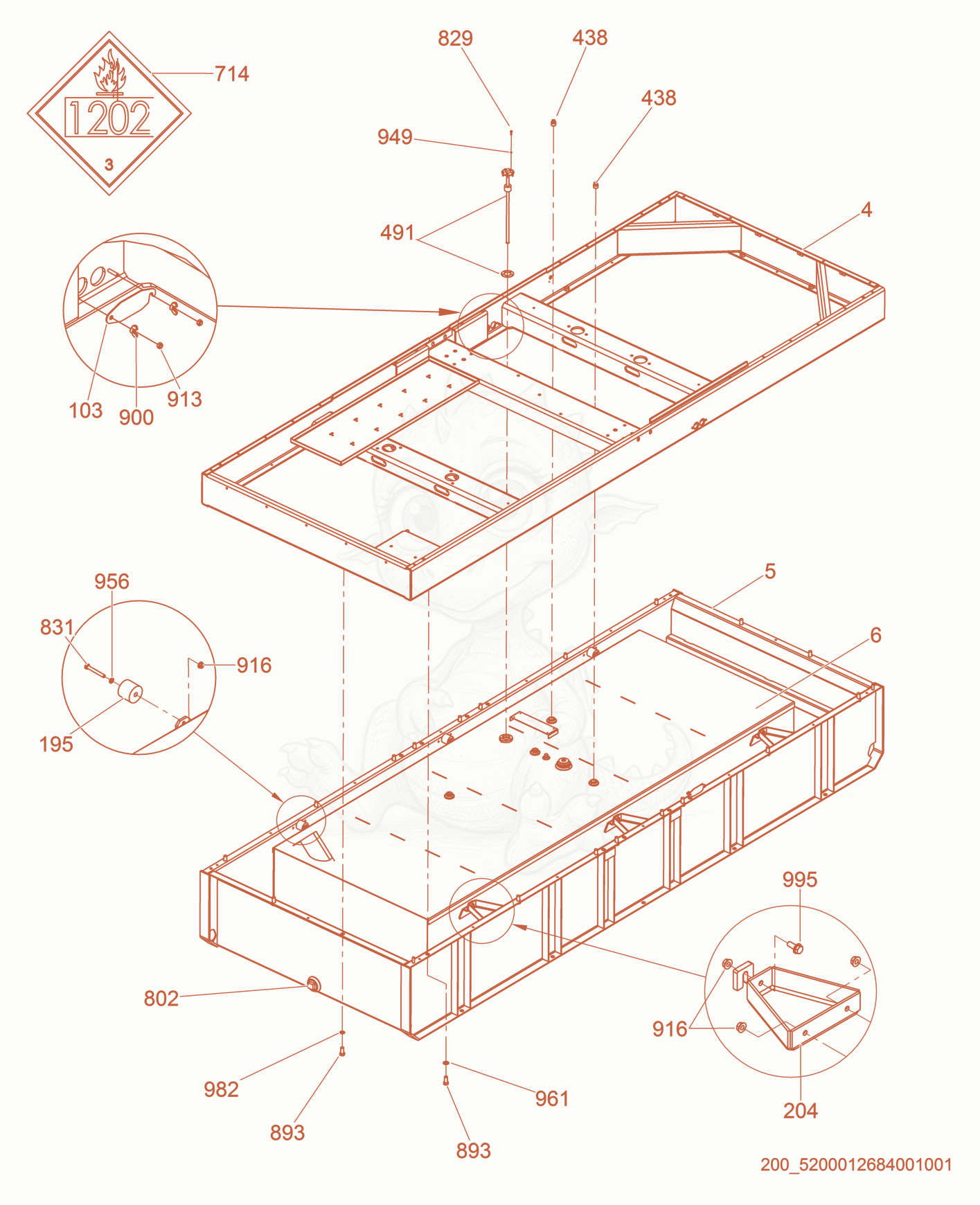 Exploded parts diagram of the Option-Skid/Fuel Tank cpl. of a Wacker Neuson G320, with numbered balloons