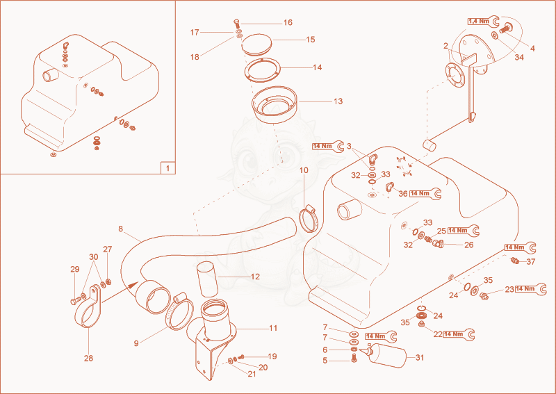 Exploded parts diagram of the fuel tank of a Wacker Neuson 3503RD, with numbered balloons