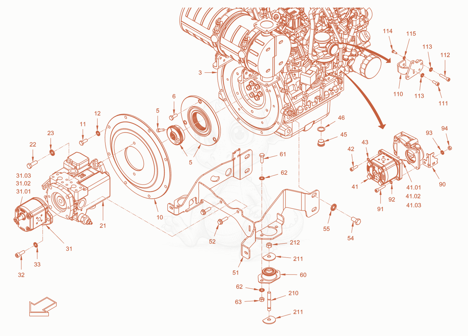 Exploded parts diagram of the pump drive and engine assembly of a Wacker Neuson RD28-120DPF, with numbered balloons