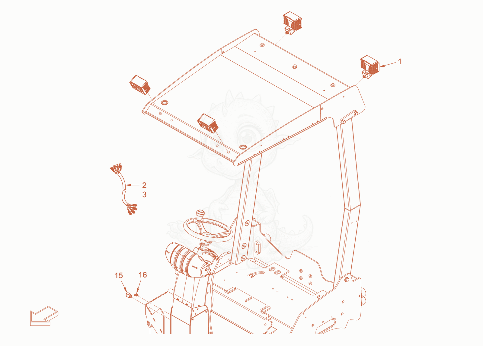 Exploded parts diagram of the additional lighting of a Wacker Neuson RD40-130OUS, with numbered balloons