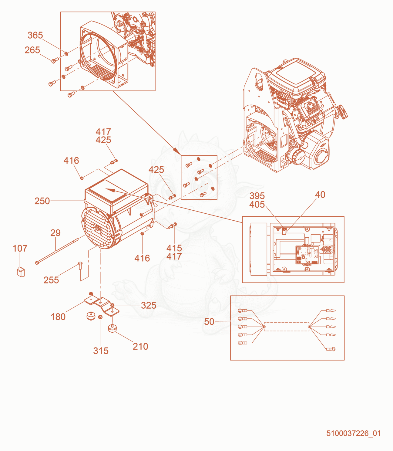 Exploded parts diagram of the Generator Mount cpl. of a Wacker Neuson GPS9700, with numbered balloons