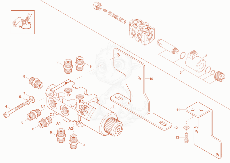 Exploded parts diagram of the change over valve (Option) of a Wacker Neuson EW100, with numbered balloons