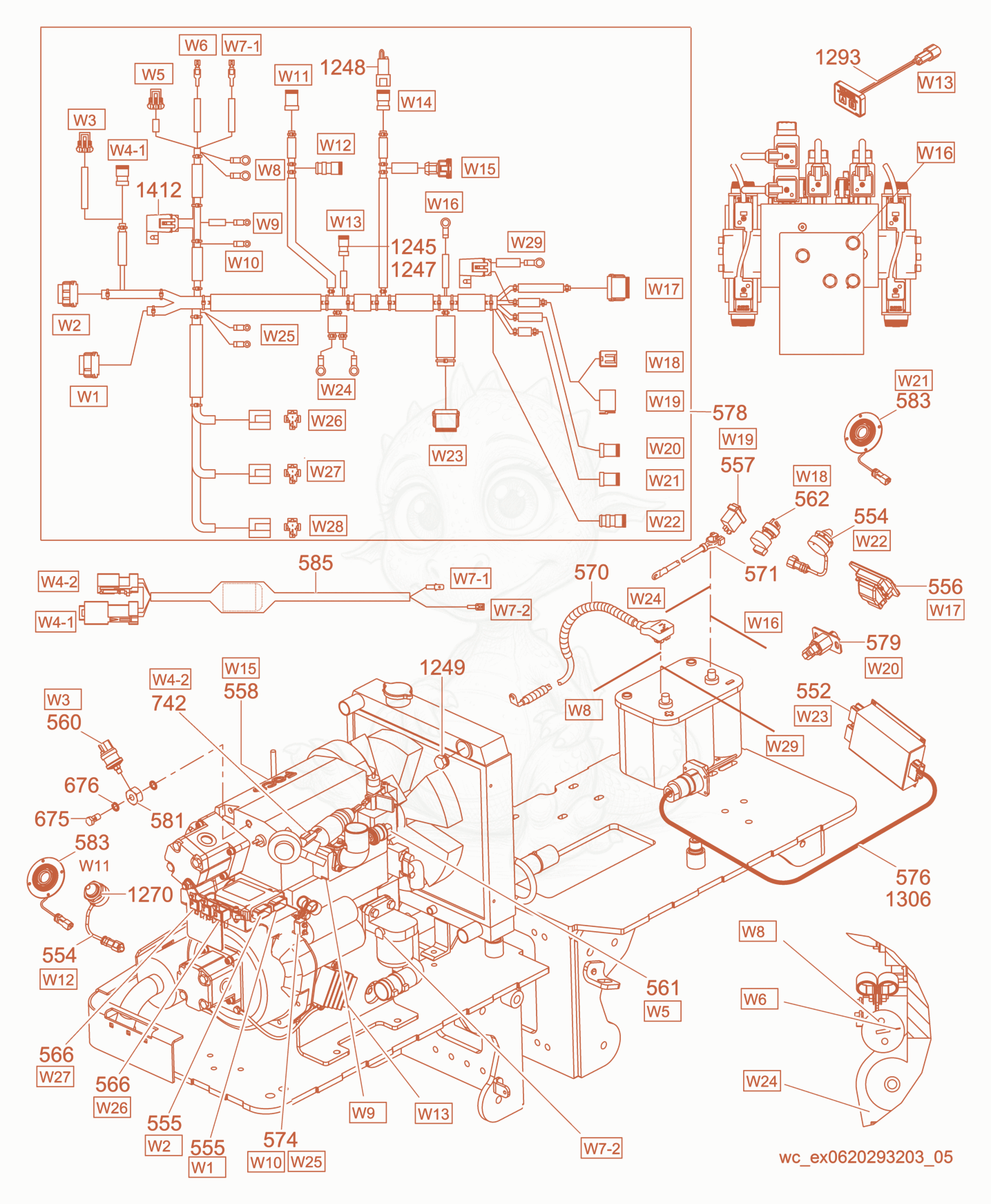 Exploded parts diagram of the Electric Equipment/Wiring of a Wacker Neuson RT56-SC2, with numbered balloons