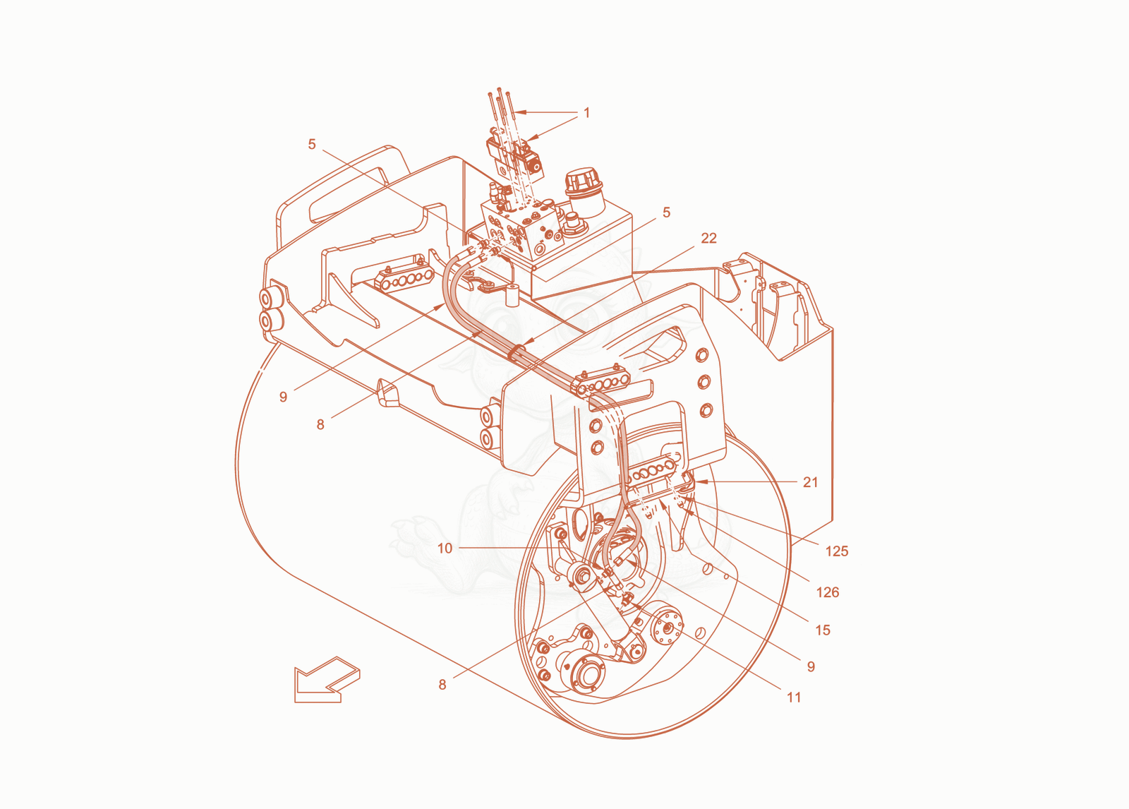 Exploded parts diagram of the edge pressing and cuttingdevice of a Wacker Neuson RD40-130CDPF, with numbered balloons