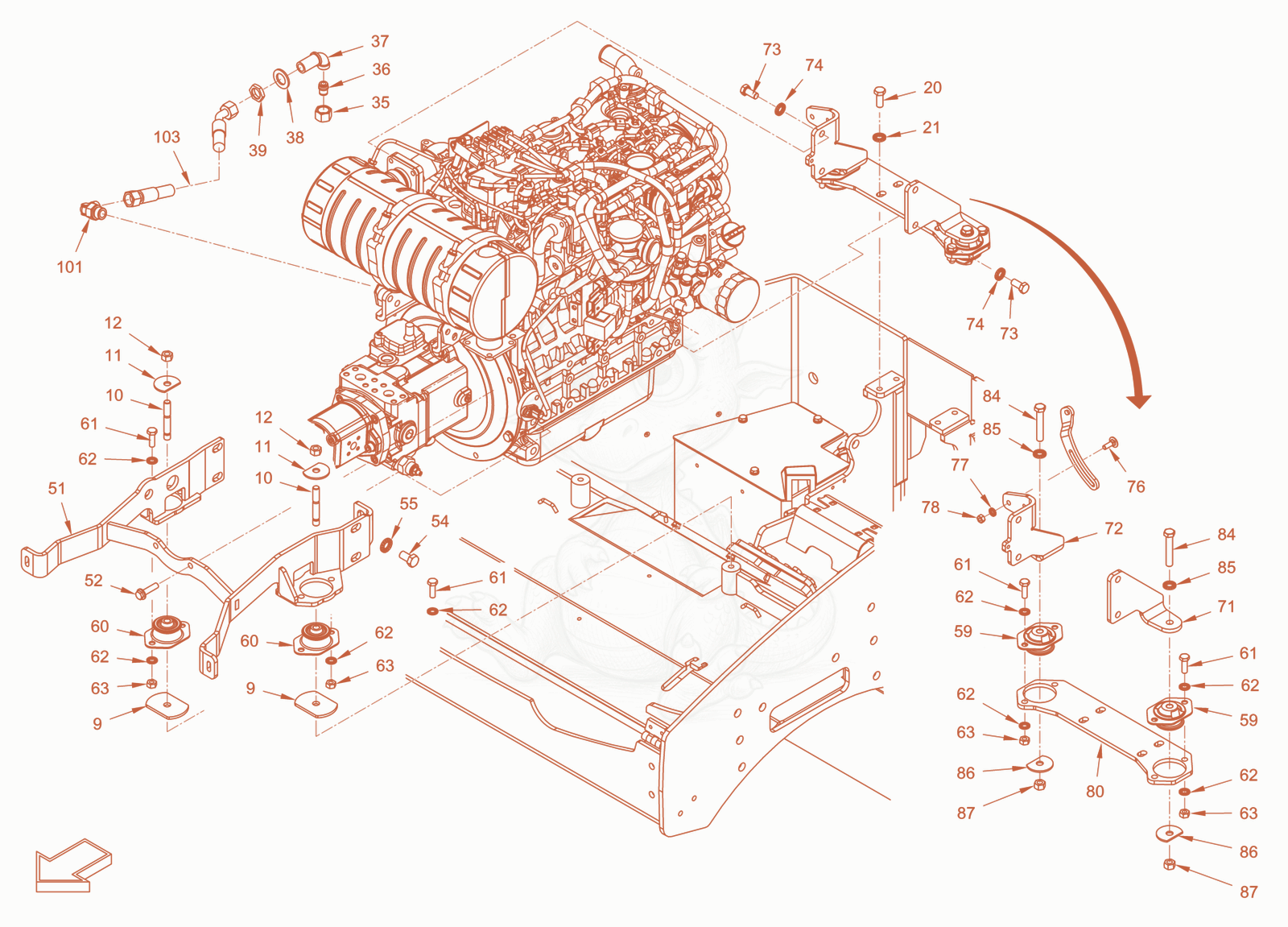Exploded parts diagram of the pump drive and engine assembly of a Wacker Neuson RD40-130CDPF, with numbered balloons