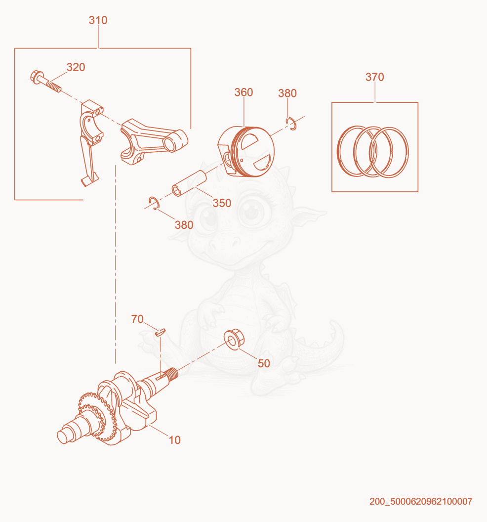 Exploded parts diagram of the Piston/Crankshaft of a Wacker Neuson GPI4300, with numbered balloons