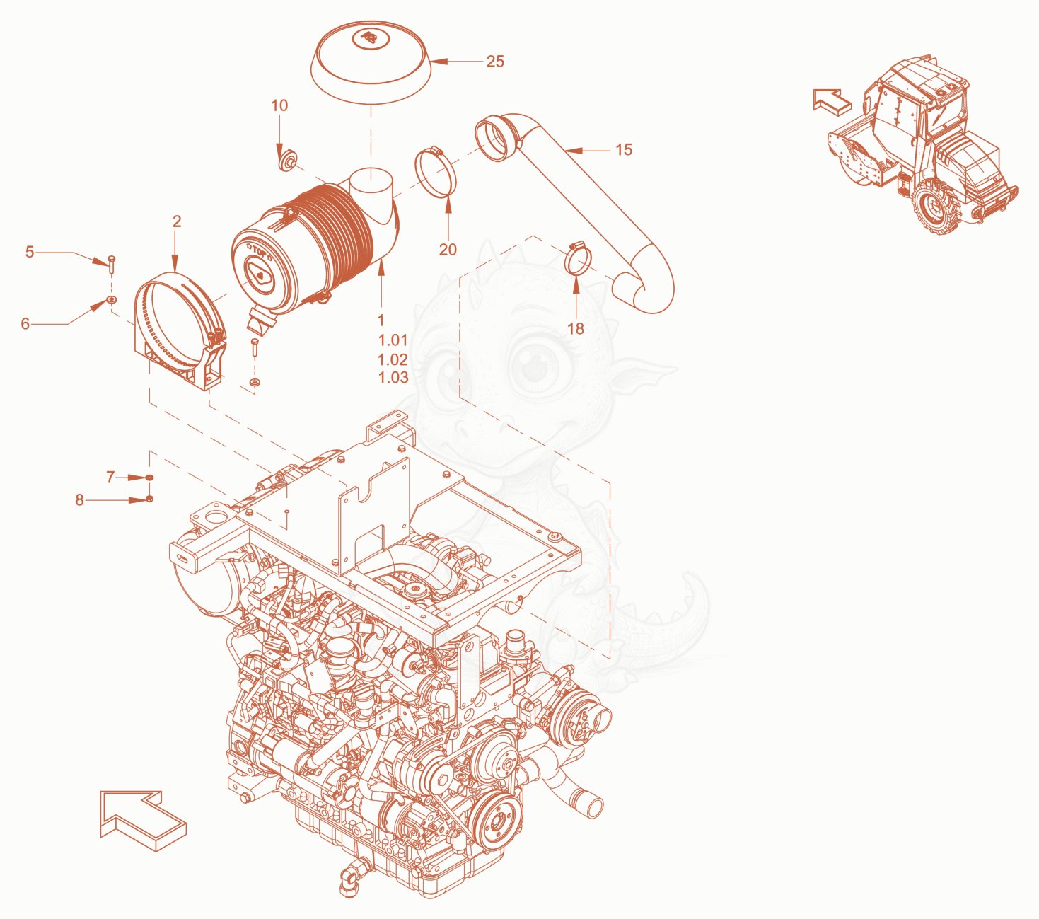 Exploded parts diagram of the air filter system of a Wacker Neuson RC50DPFCAB, with numbered balloons