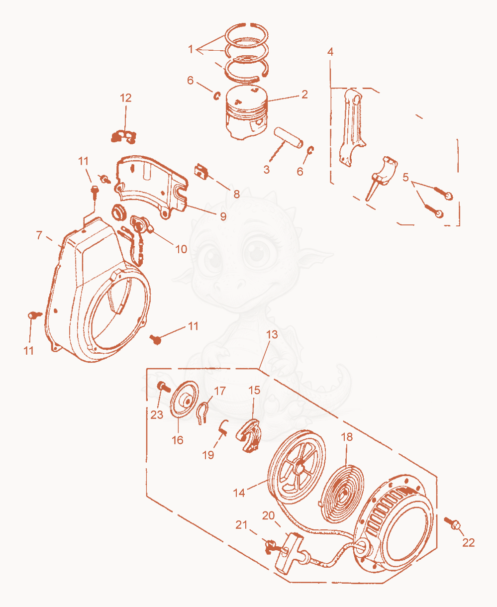 Exploded parts diagram of the Piston-Connecting Rod-Fan Cowl-Starter of a Wacker Neuson BPS1135A, with numbered balloons