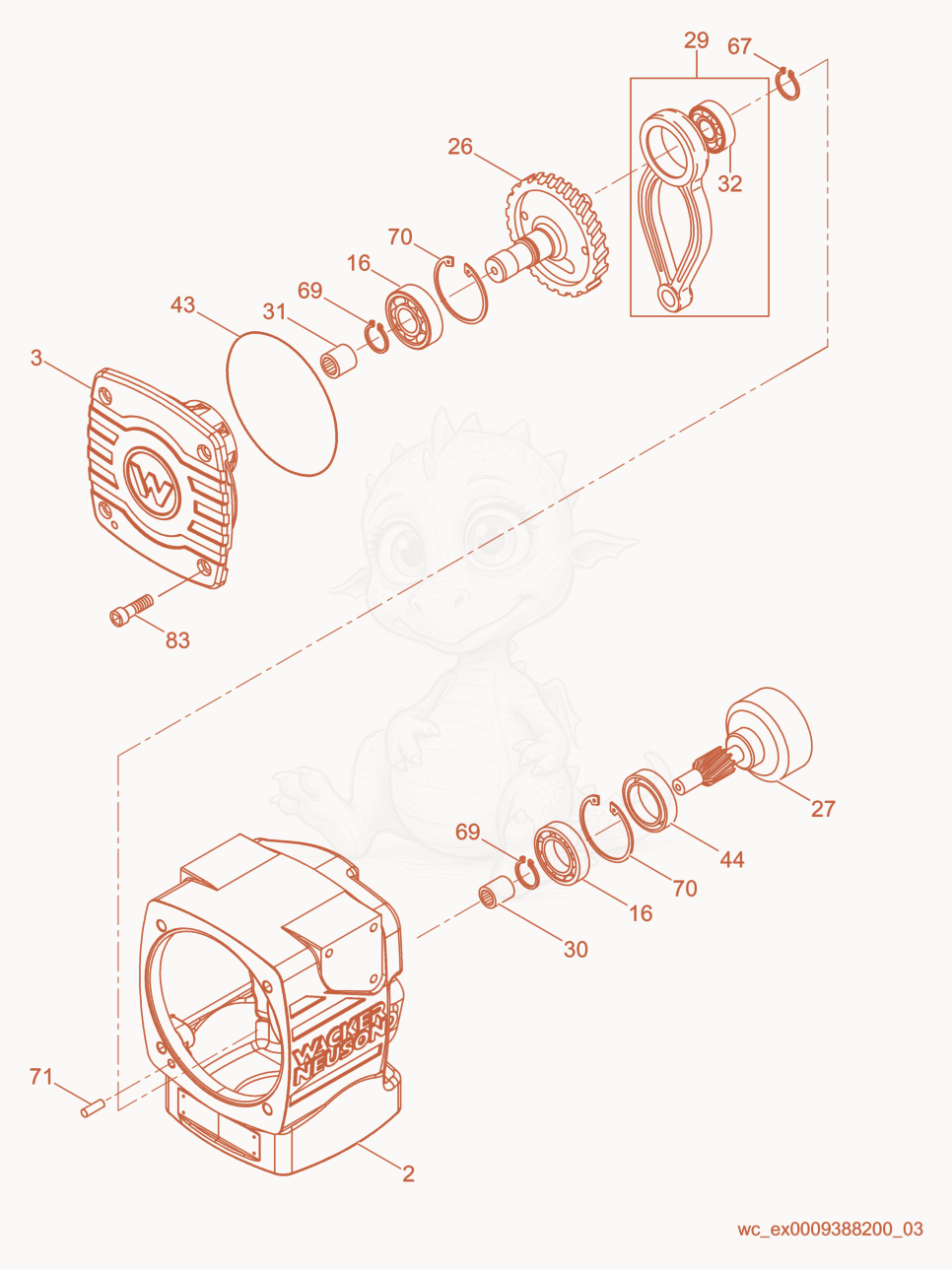 Exploded parts diagram of the Crankcase cpl. of a Wacker Neuson BS60-2, with numbered balloons