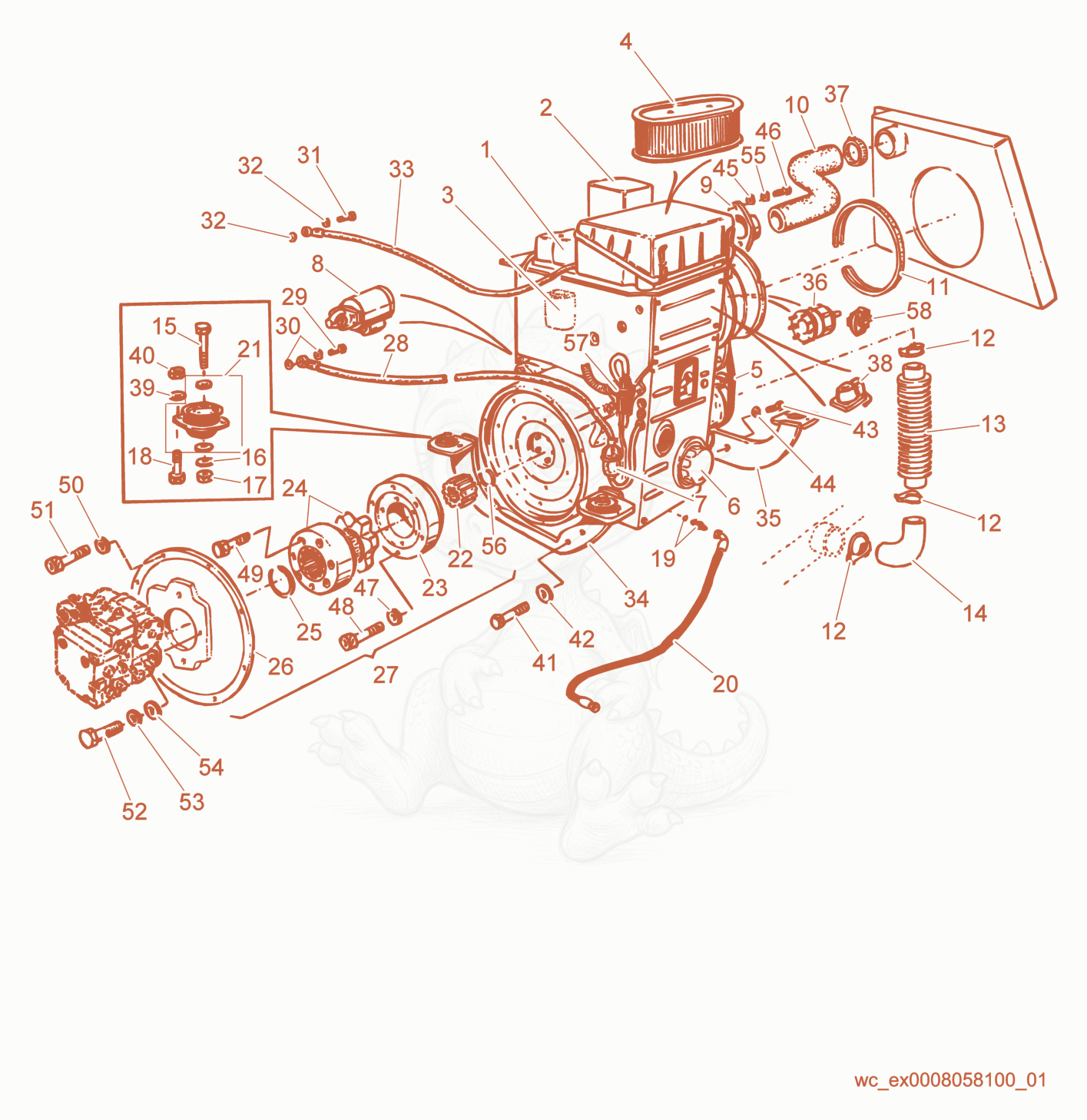 Despiece del Engine/Intake-Exhaust Feeding de una máquina Wacker Neuson RD25, con globos numerados
