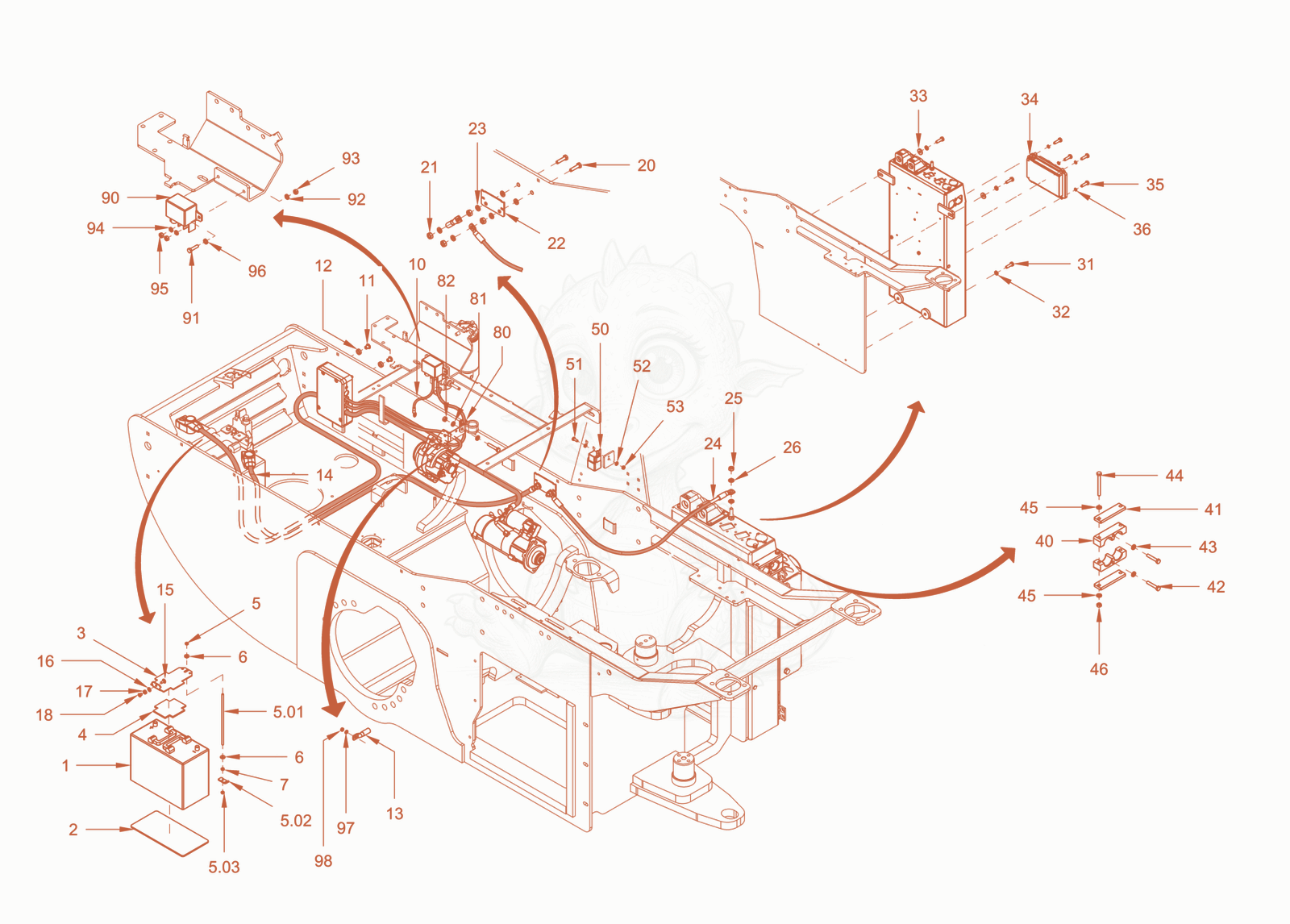 Exploded parts diagram of the electrical system of a Wacker Neuson RC50, with numbered balloons