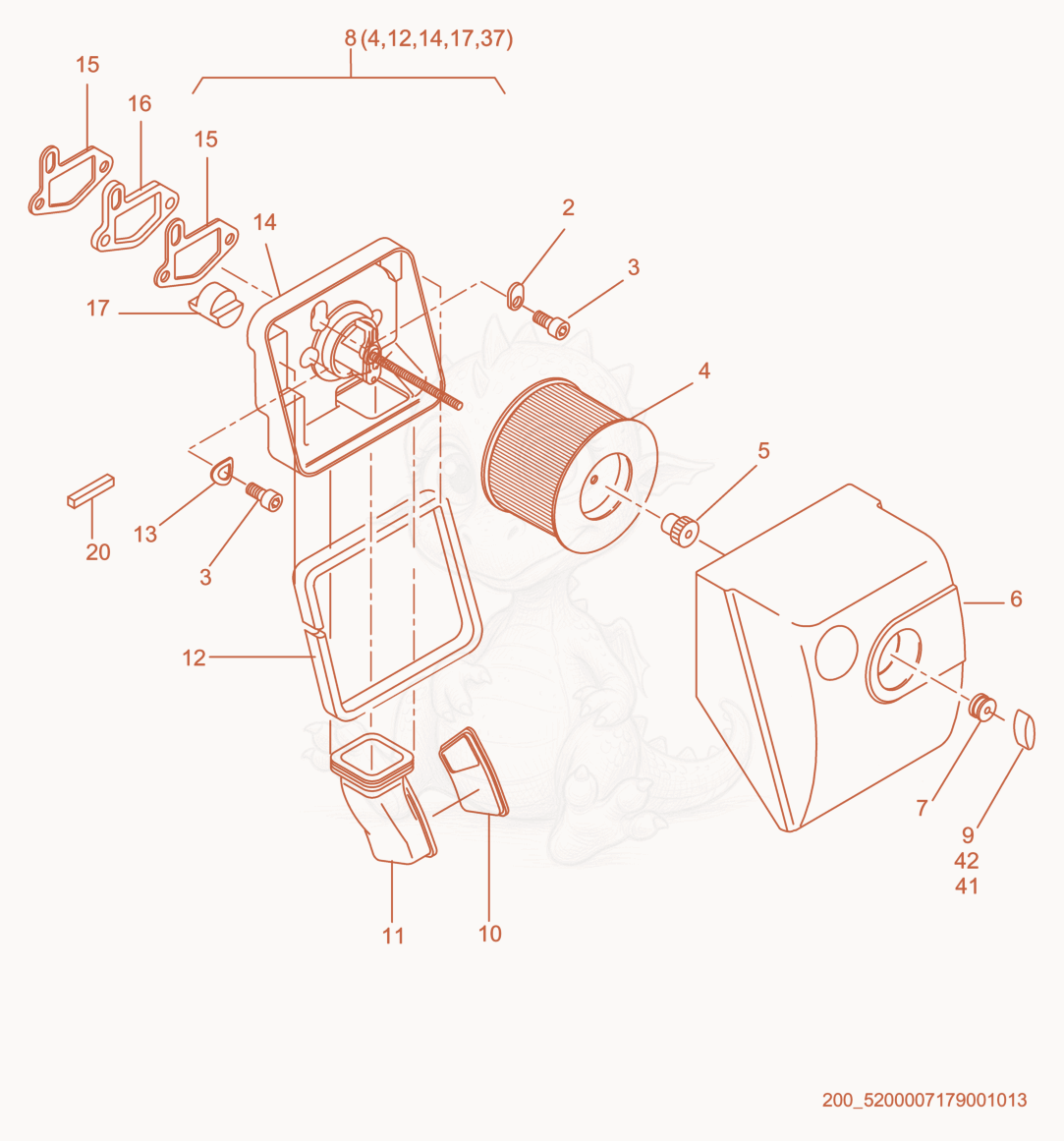 Exploded parts diagram of the Air Cleaner cpl. of a Wacker Neuson E1100, with numbered balloons