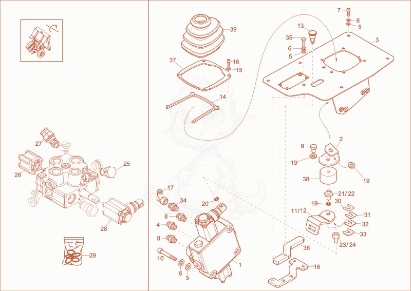 Exploded parts diagram of the control valve of a Wacker Neuson DW60, with numbered balloons