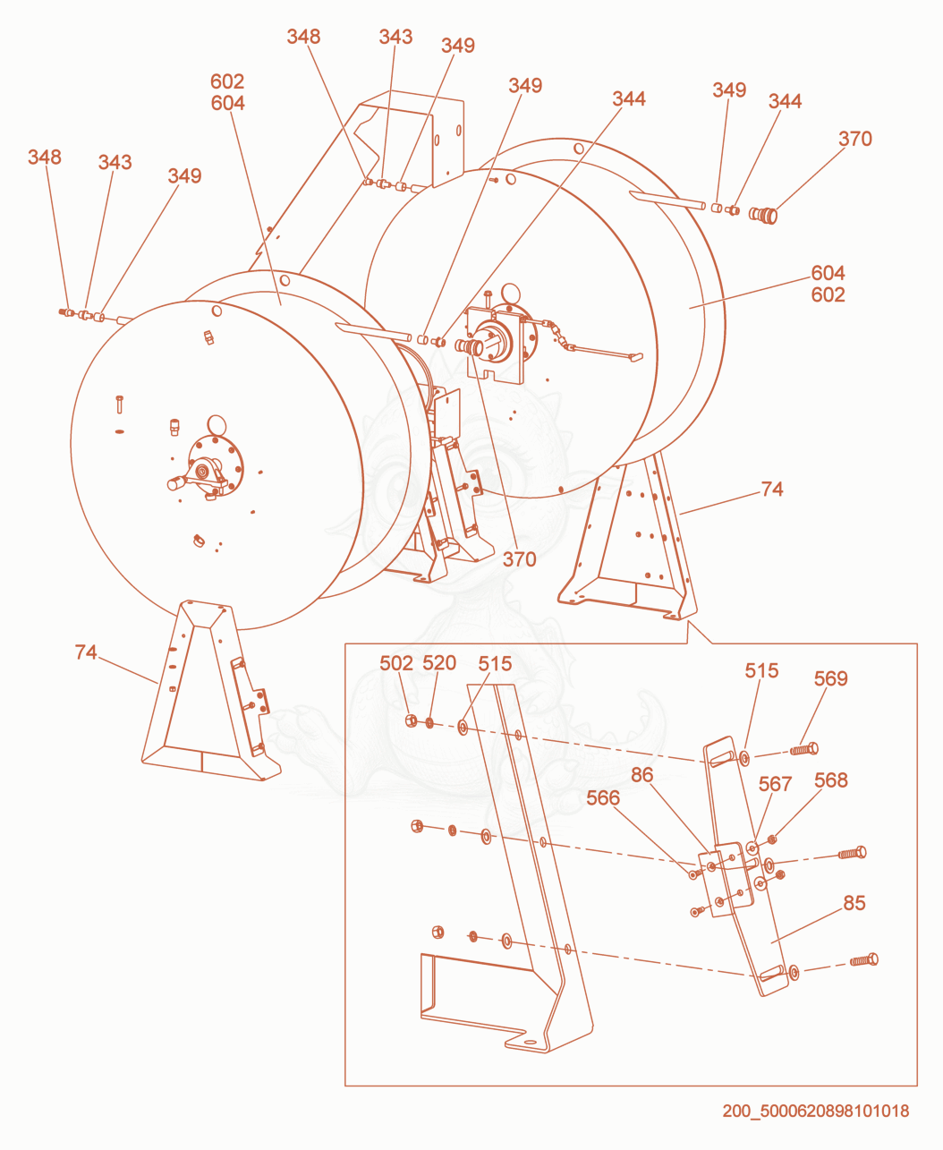 Despiece del Hose Reel Stand de una máquina Wacker Neuson E5000, con globos numerados