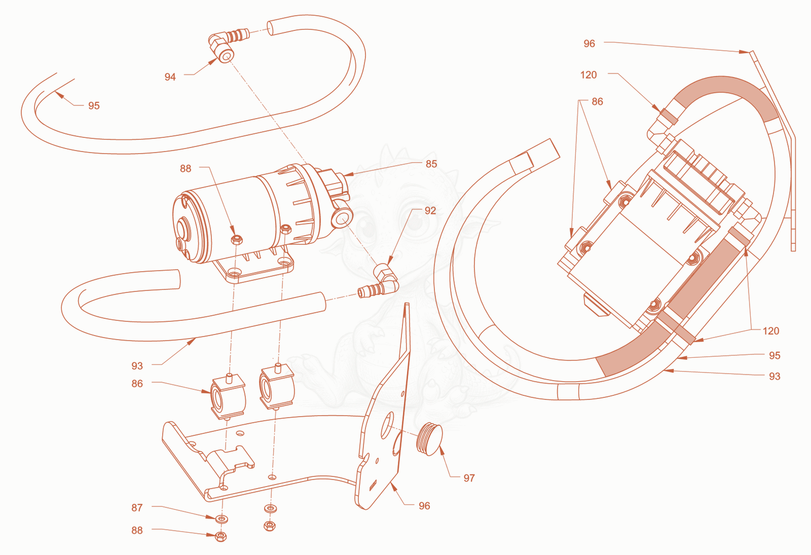 Exploded parts diagram of the sprinkling of a Wacker Neuson RD28-120DPF, with numbered balloons