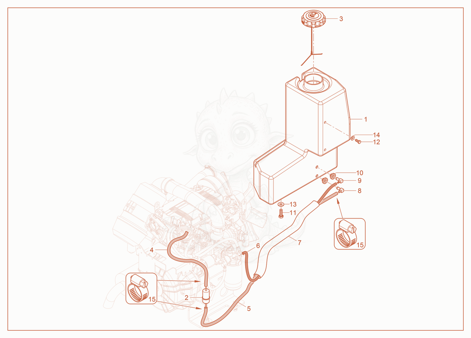 Exploded parts diagram of the Fuel Tank of a Wacker Neuson RTSC3, with numbered balloons