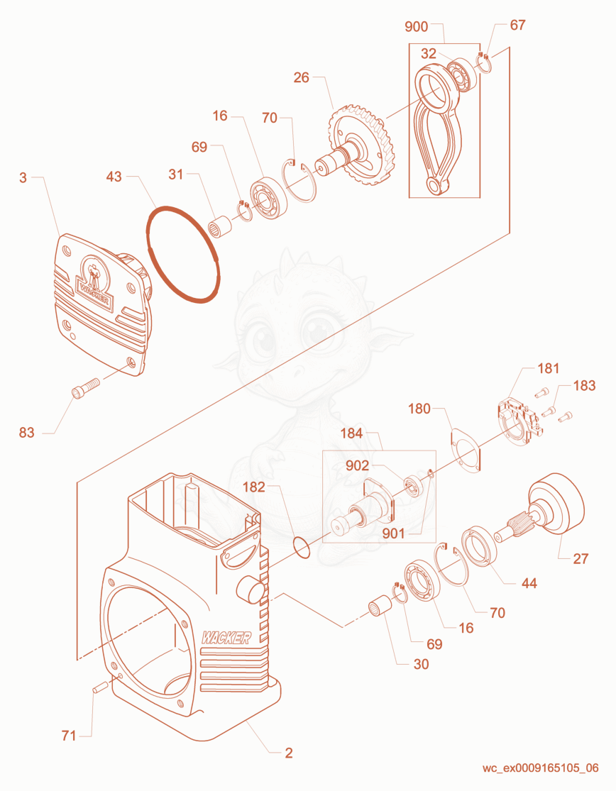 Exploded parts diagram of the Crankcase cpl. of a Wacker Neuson BS600-OI, with numbered balloons