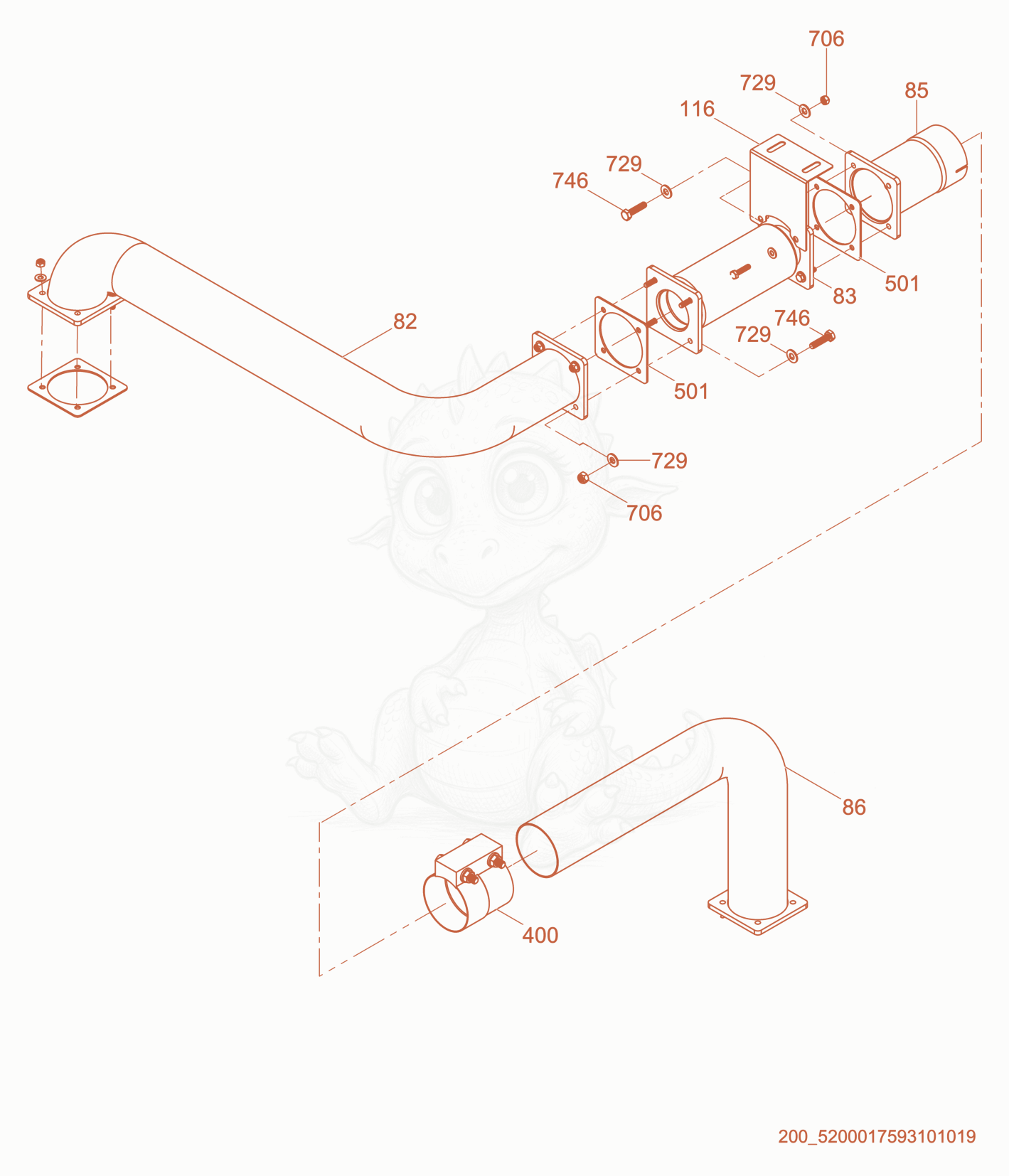 Exploded parts diagram of the Generator/Engine Support/Exhaust Pipe of a Wacker Neuson HIF600, with numbered balloons