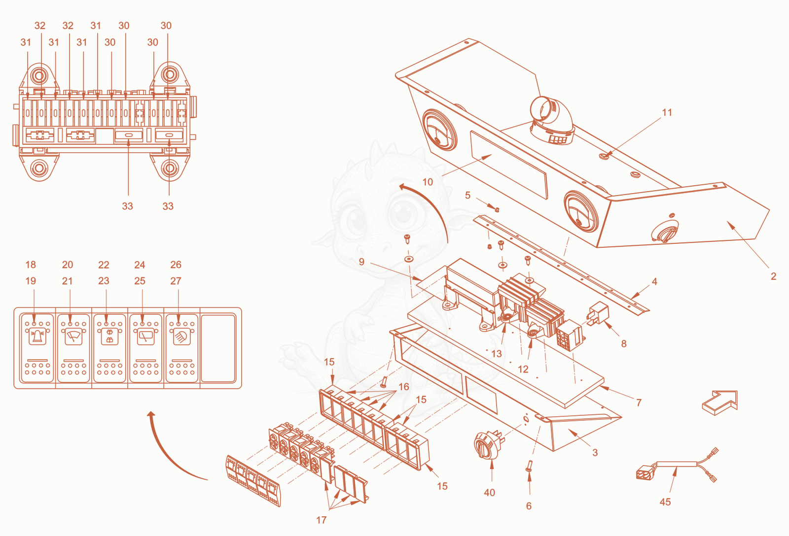 Exploded parts diagram of the driver's cabin of a Wacker Neuson RD45-140US, with numbered balloons