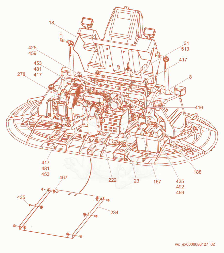 Exploded parts diagram of the Machine cpl./Back View/Beltguard of a Wacker Neuson CRT48-31V-H, with numbered balloons
